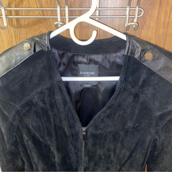 bebe Kate Drop Shoulder Suede & Leather Peplum Convertible Jacket - Picture 4 of 9